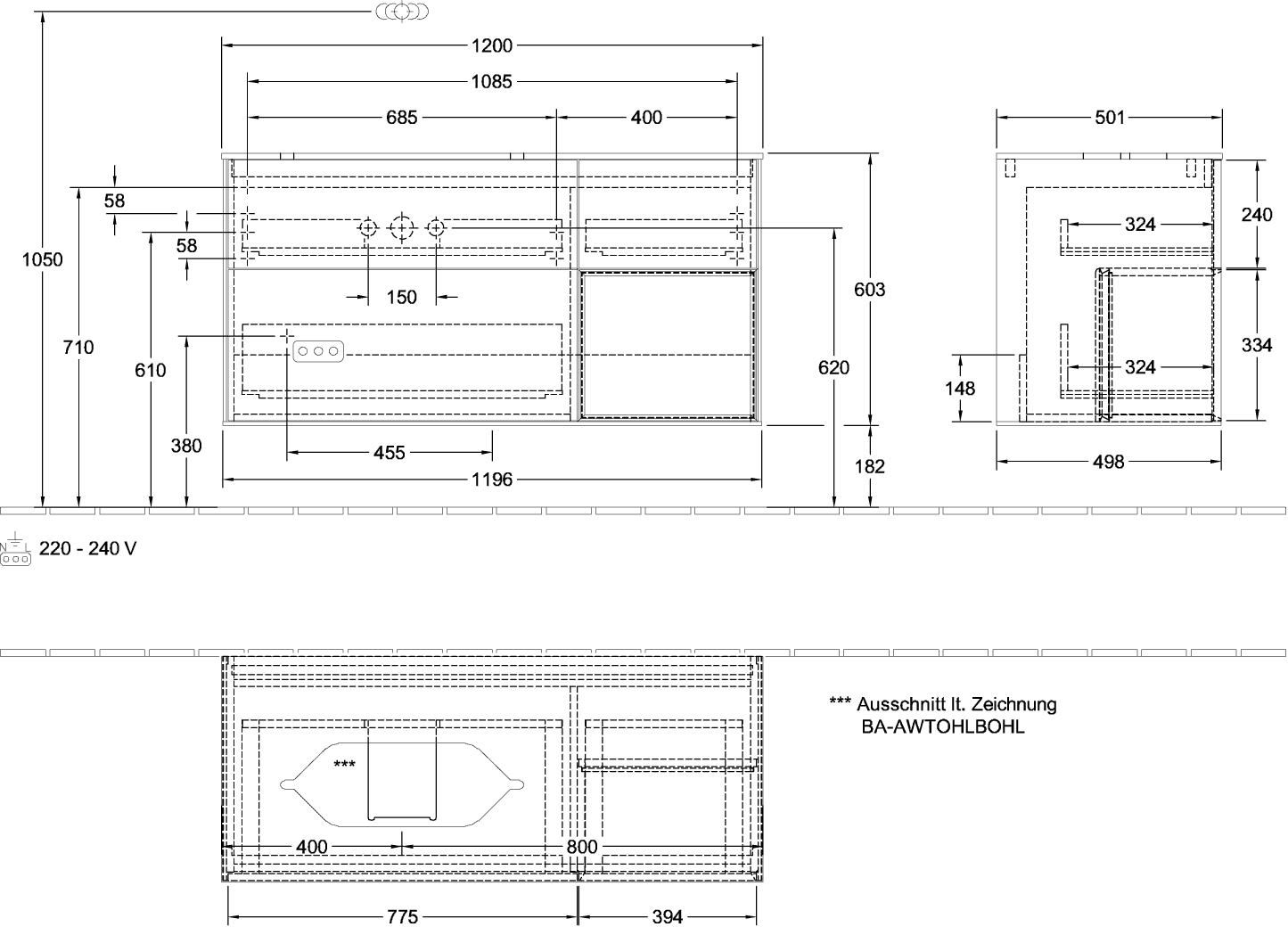 V&B Waschtisch-Unterschrank Finion 120x60,3x50,1cm, Regal rechts White matt lacquer, Walnut veneer