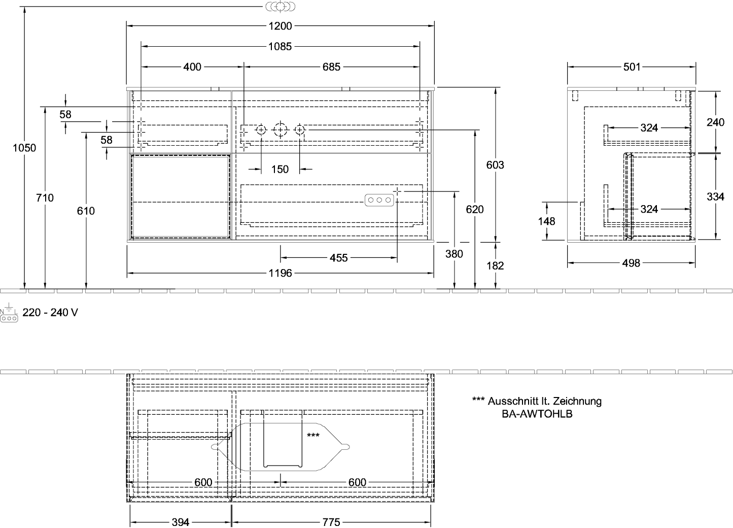 V&B Waschtisch-Unterschrank Finion 120x60,3x50,1cm, Regal links Anthracite matt, Walnut veneer