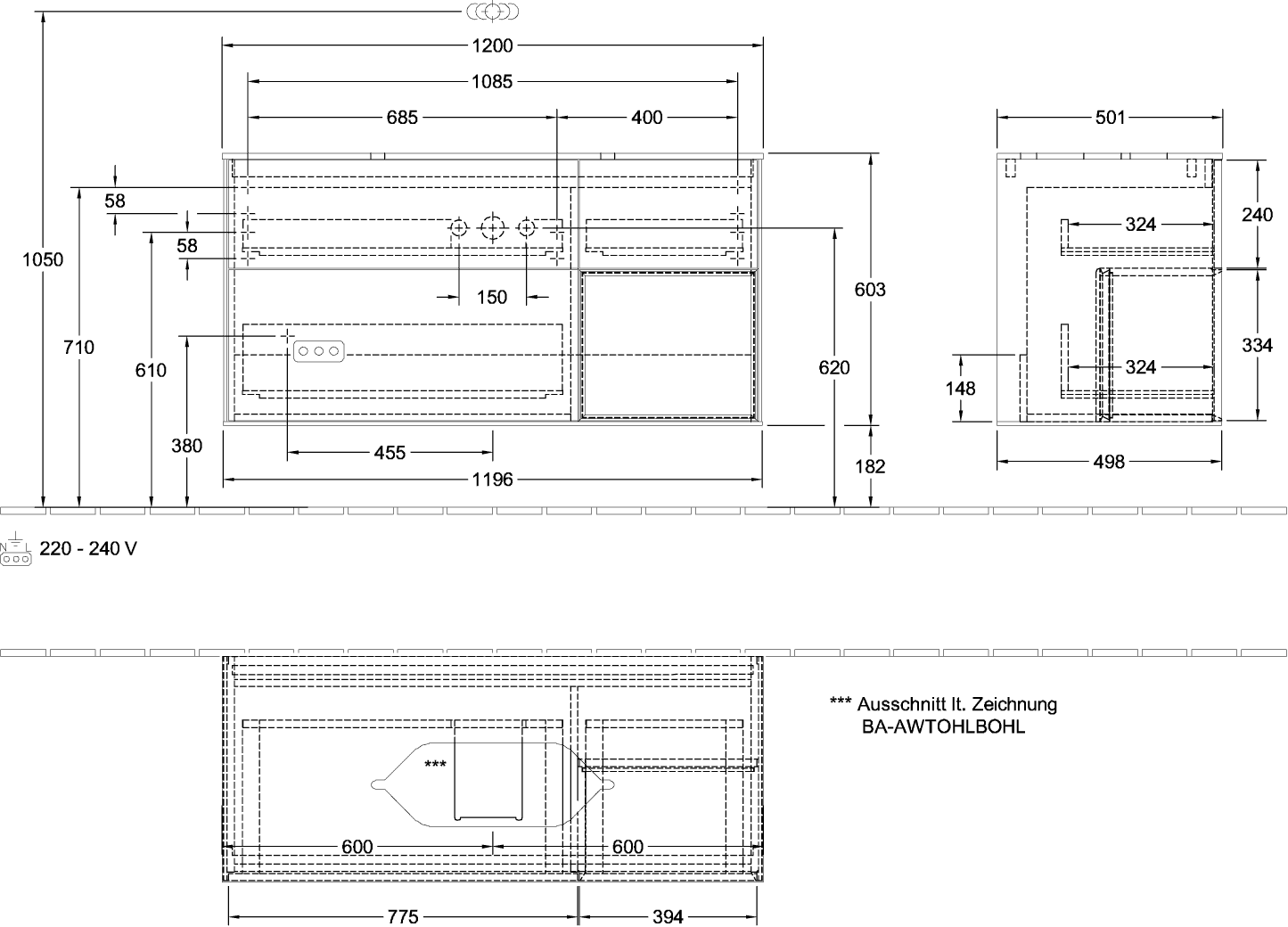 V&B Waschtisch-Unterschrank Finion 120x60,3x50,1cm, Regal rechts Black matt lacquer, Glossy white lacquer