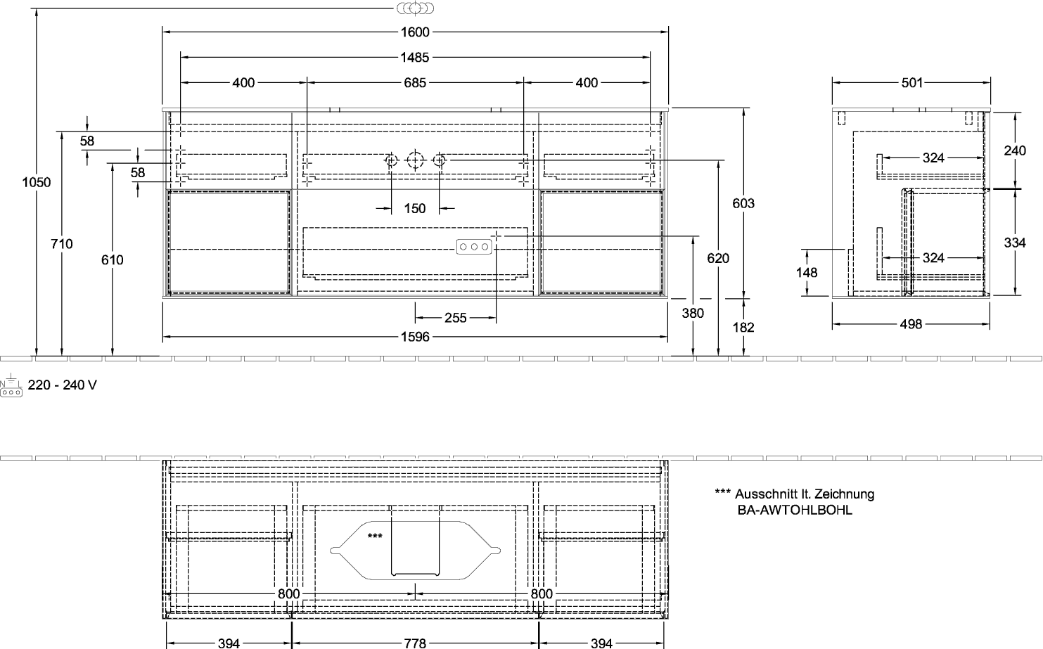 V&B Waschtisch-Unterschrank Finion 160x60,3x50,1cm, Regal White matt lacquer, Walnut veneer