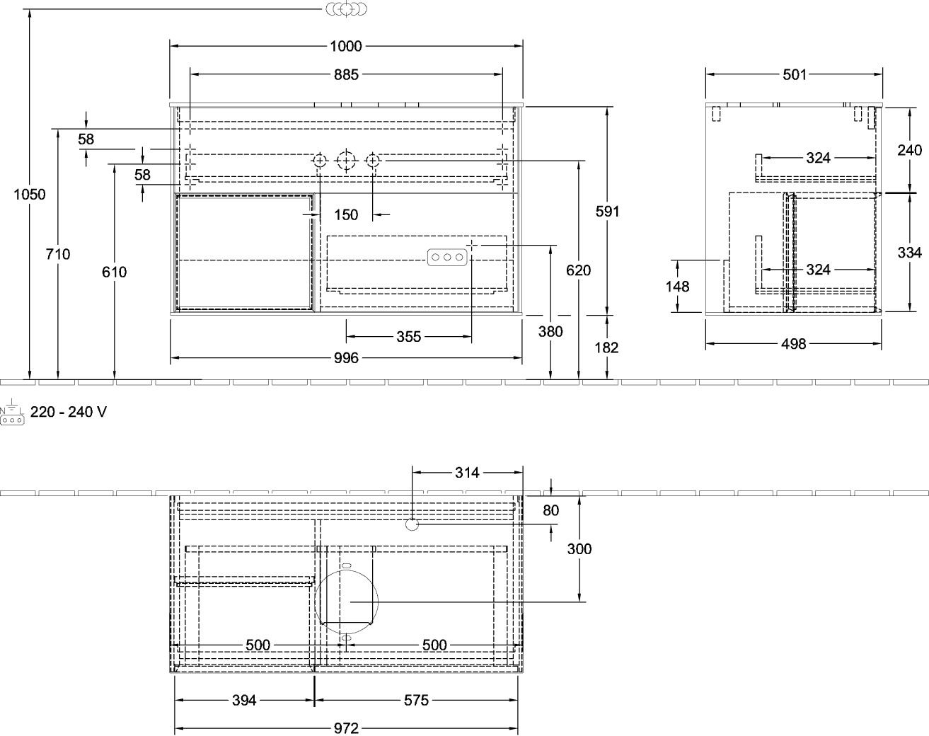 V&B Waschtisch-Unterschrank Finion 100cm, Abdeckplatte white matt, Regal Midnight matt lacquer, White matt lacquer