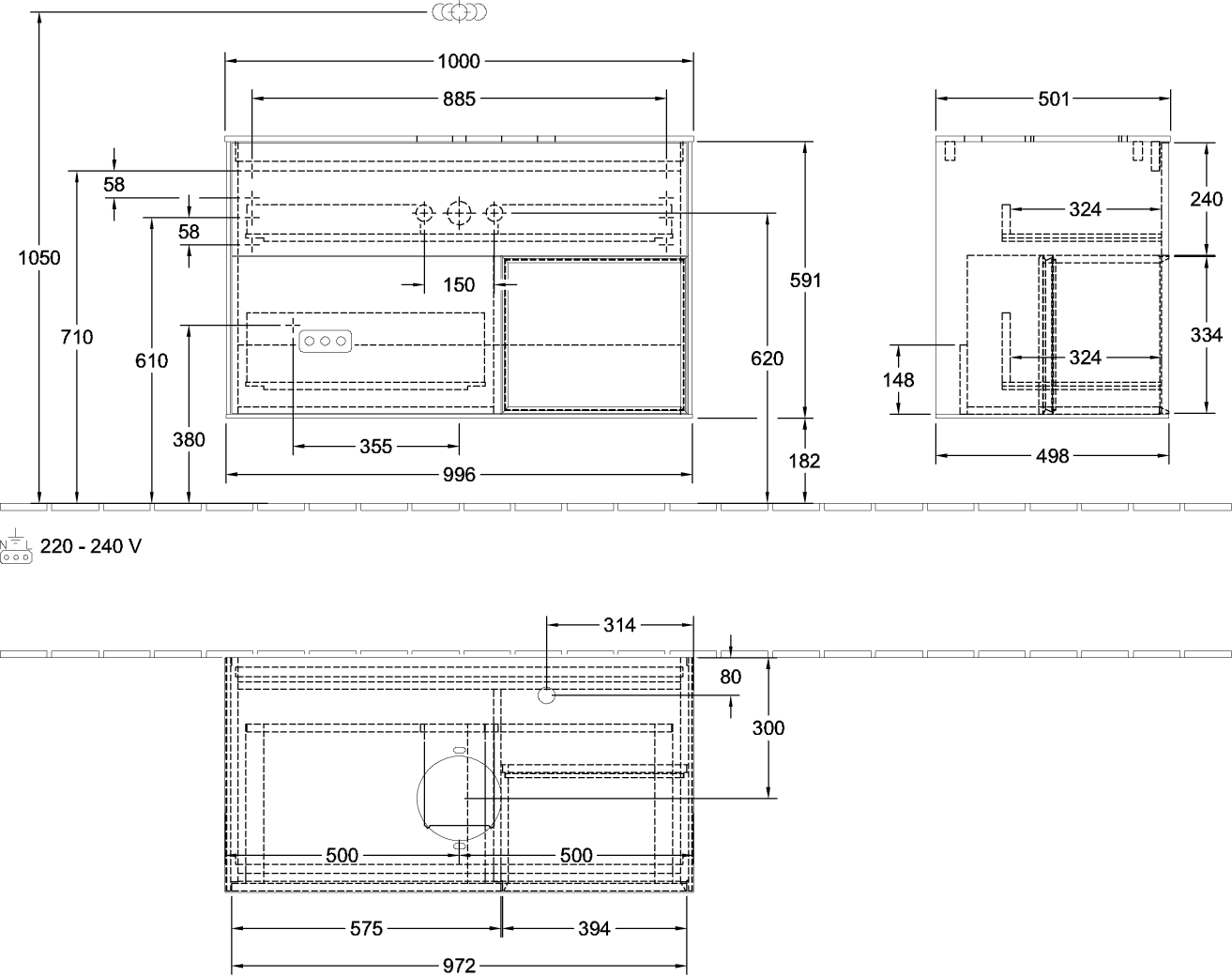 V&B Waschtisch-Unterschrank Finion 100cm, Abdeckplatte white matt, Regal Anthracite matt lacquer, Glossy white lacquer