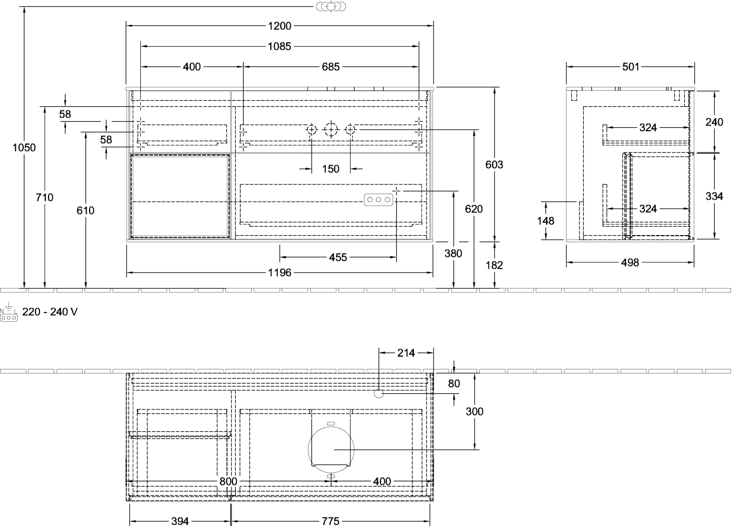 V&B Waschtisch-Unterschrank Wandbeleuchtung Finion 120cm, Abdeckplatte white matt, Regal Walnut Veneer, Walnut veneer