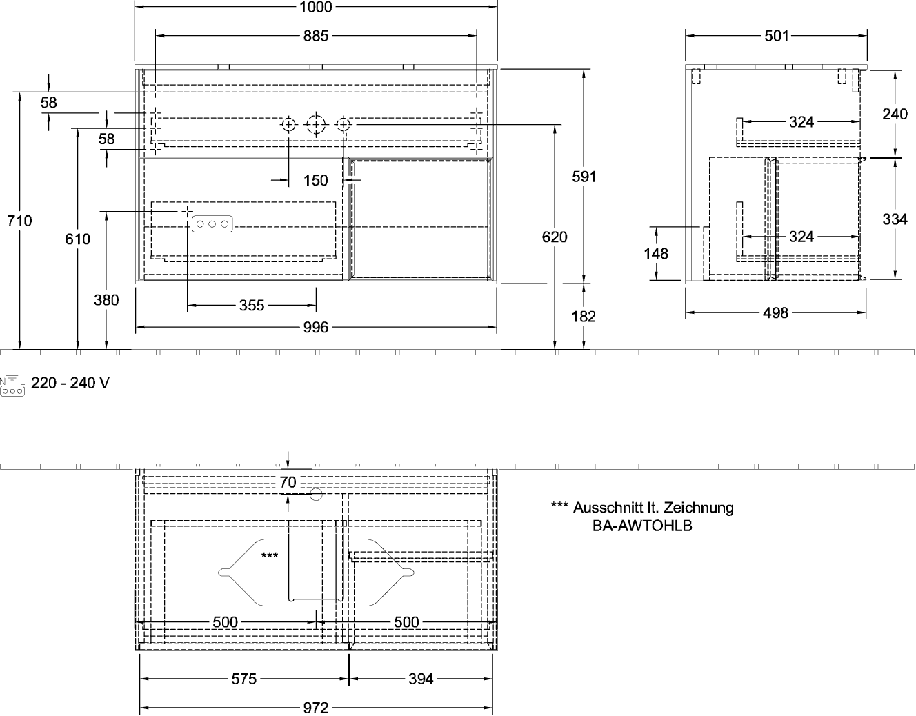 V&B Waschtisch-Unterschrank Wandbeleuchtung Finion 100cm, Abdeckplatte white matt, Regal rechts Walnut veneer, Anthracite matt