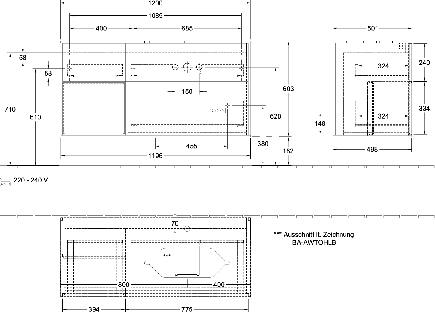 V&B Waschtisch-Unterschrank Wandbeleuchtung Finion 120cm, Abdeckplatte white matt, Regal links Peony, Walnut veneer
