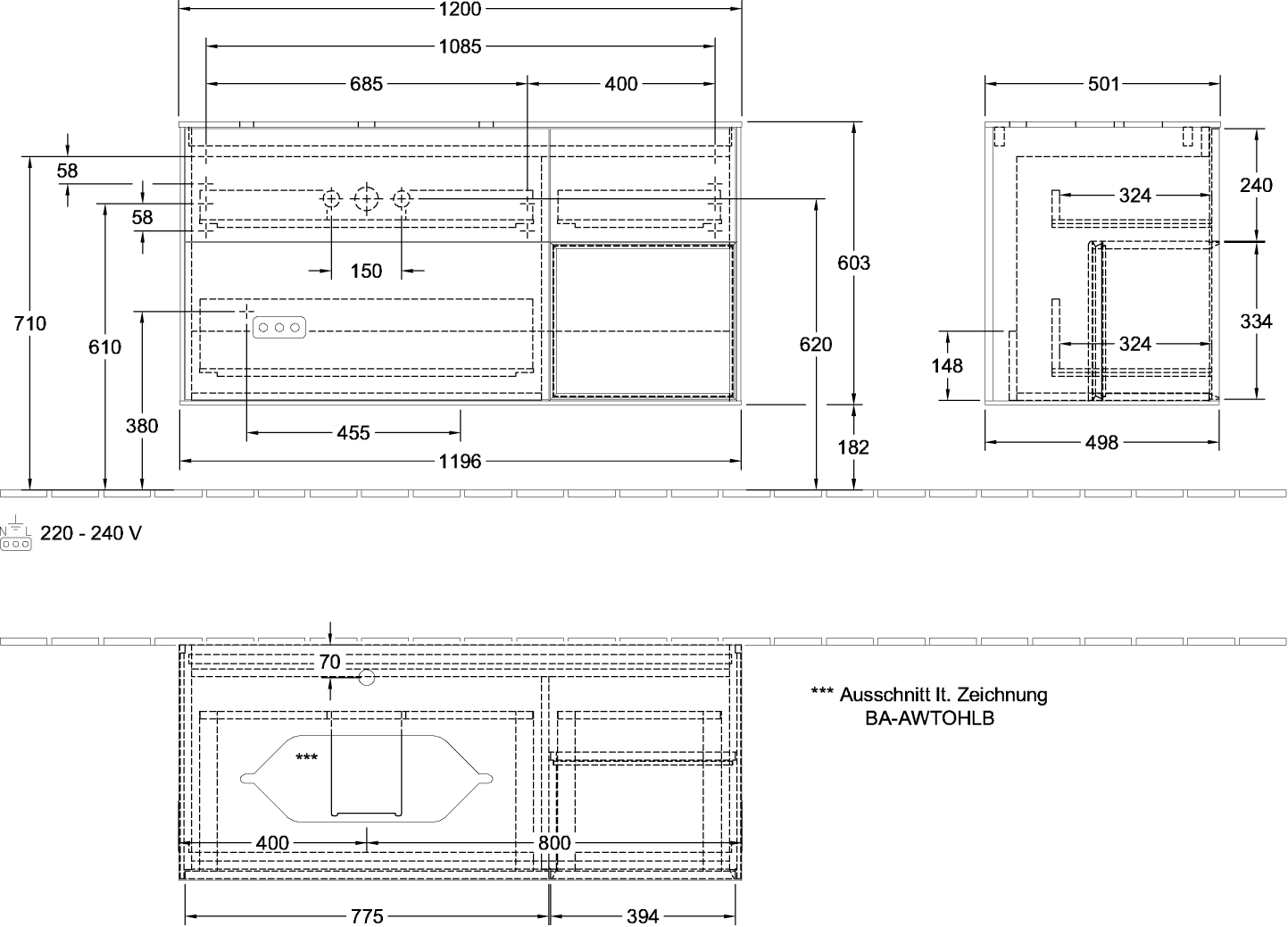 V&B Waschtisch-Unterschrank Wandbeleuchtung Finion 120cm, Abdeckplatte white matt, Regal rechts Anthracite matt, Black matt lacquer