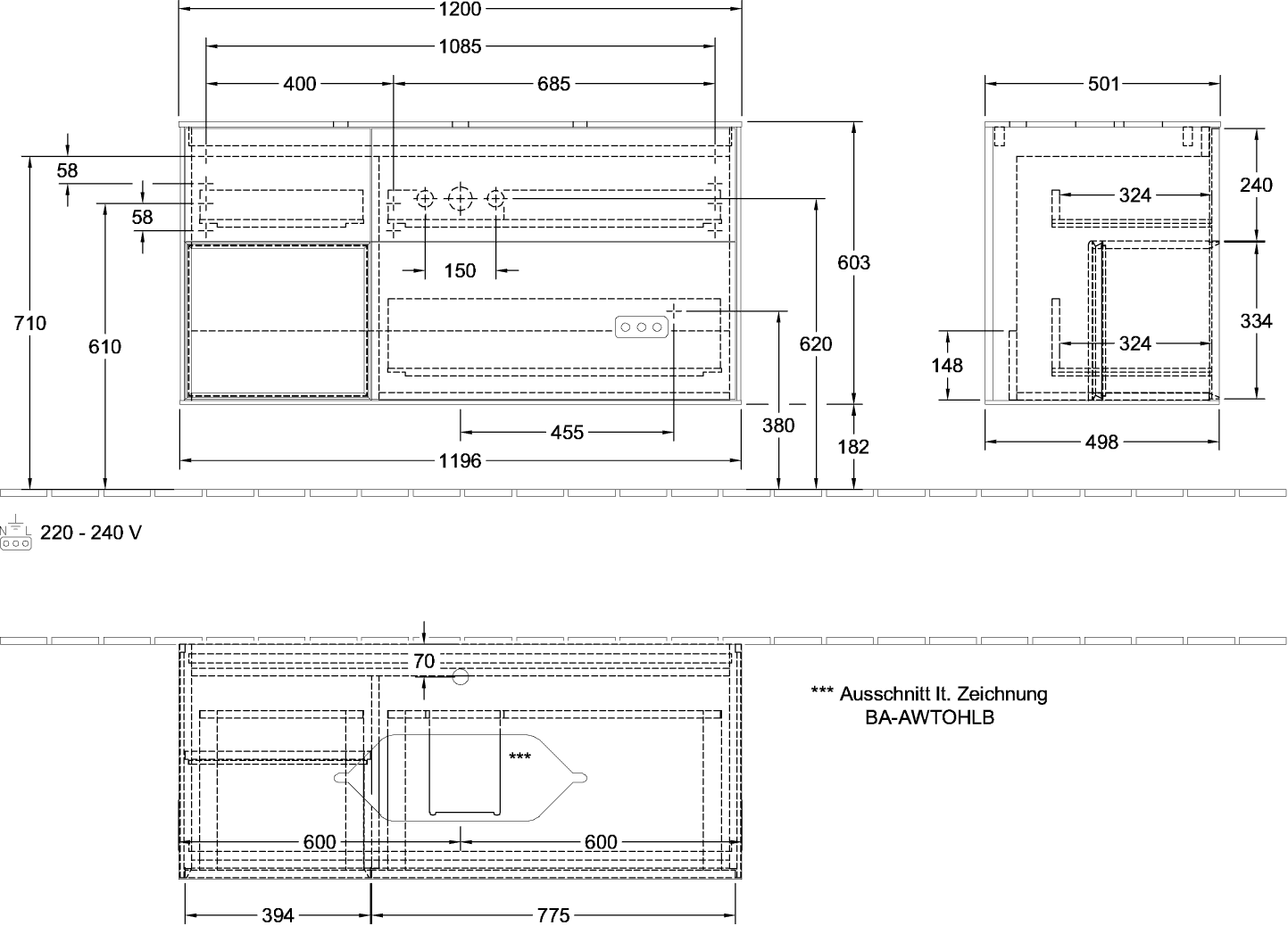 V&B Waschtisch-Unterschrank Wandbeleuchtung Finion 120cm, Abdeckplatte black matt, Regal links Glossy white lacquer, Black matt lacquer