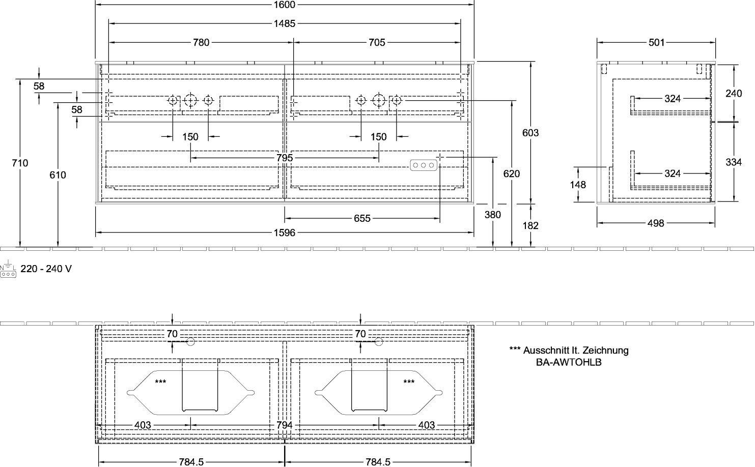 V&B Waschtisch-Unterschrank Wandbeleuchtung Finion 160x60,3cm, Abdeckplatte white matt, Anthracite matt