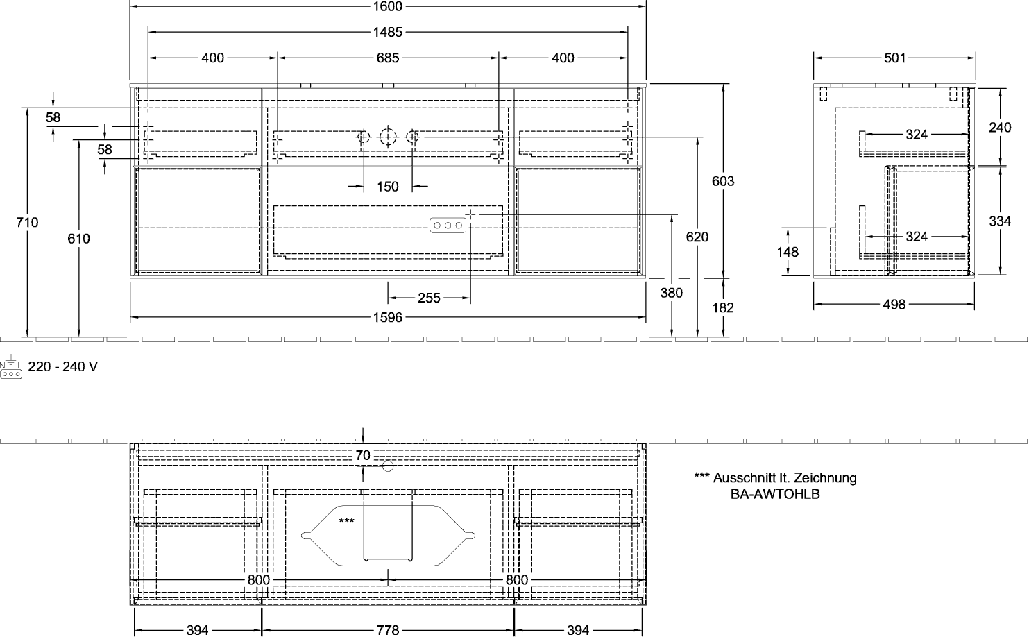 V&B Waschtisch-Unterschrank Wandbeleuchtung Finion 160cm, Abdeckplatte white matt, Regal Glossy white lacquer, Black matt lacquer