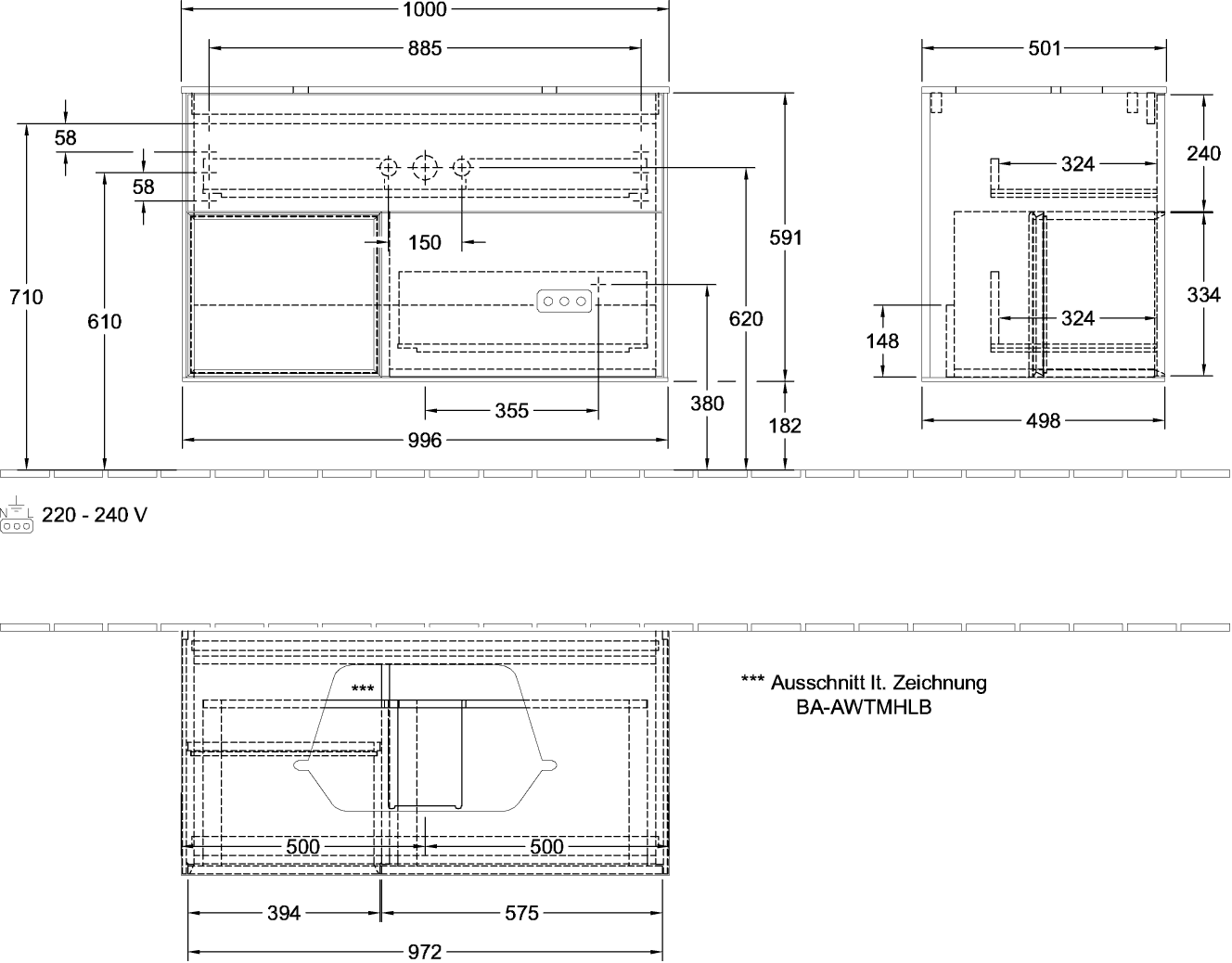 V&B Waschtisch-Unterschrank Wandbeleuchtung Finion 100cm, Abdeckplatte black matt, Regal links Peony, Peony Matt