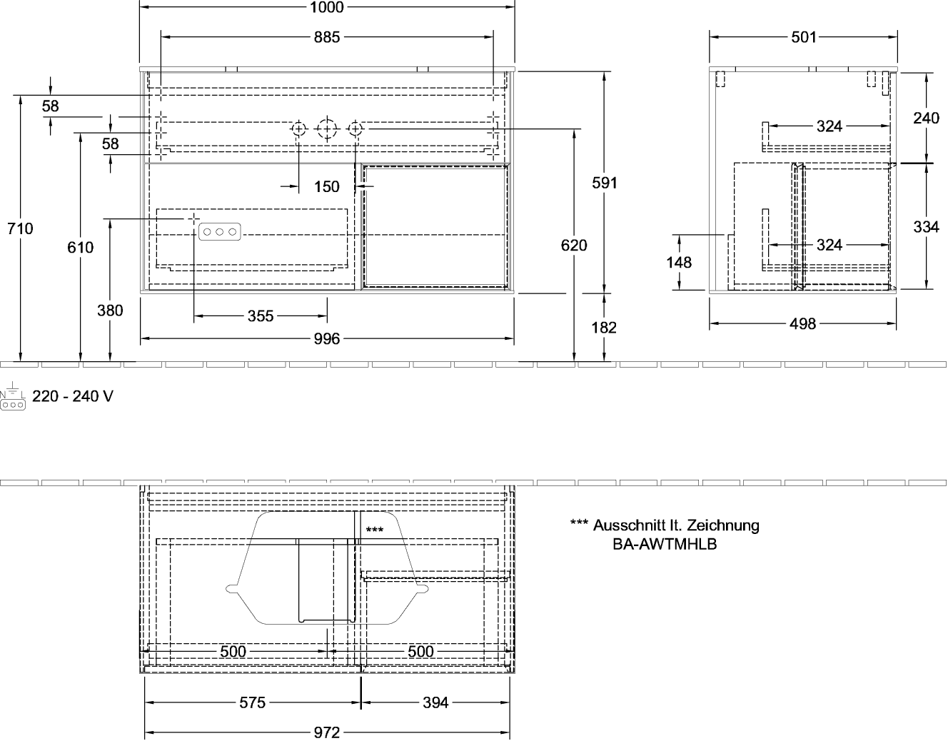 V&B Waschtisch-Unterschrank Wandbeleuchtung Finion 100cm, Abdeckplatte black matt, Regal rechts Glossy white lacquer, Peony Matt