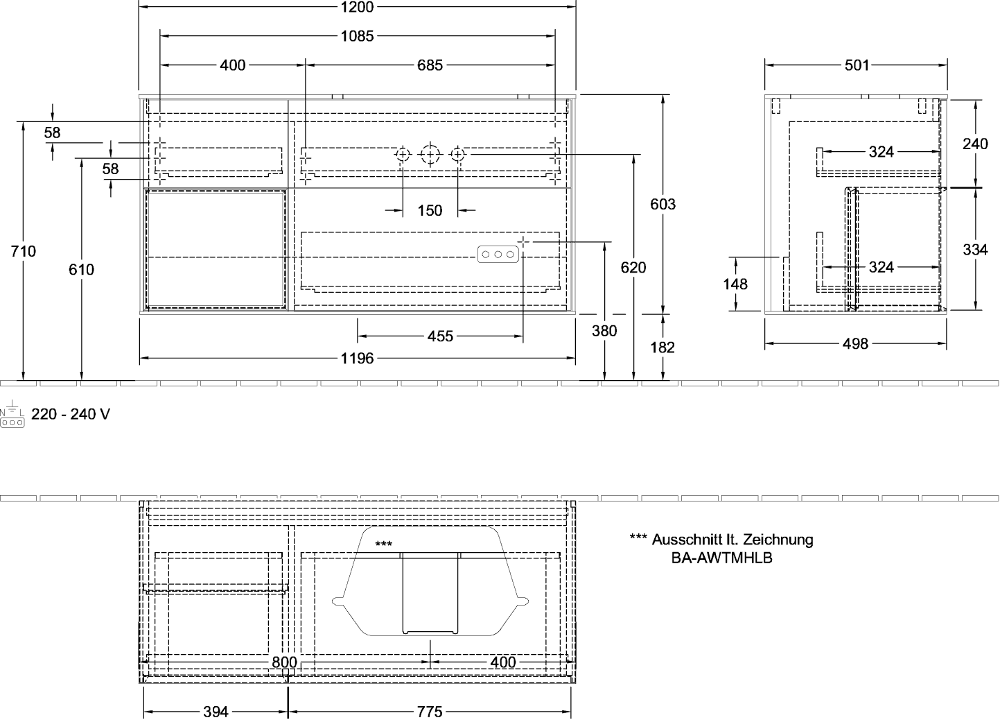 V&B Waschtisch-Unterschrank Wandbeleuchtung Finion 120cm, Abdeckplatte white matt, Regal links Walnut veneer, Midnight Blue Matt Lacquer