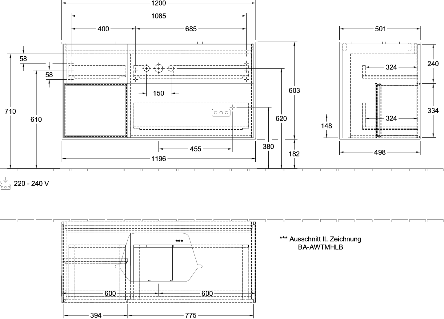 V&B Waschtisch-Unterschrank Wandbeleuchtung Finion 120cm, Abdeckplatte white matt, Regal links Walnut veneer, Black matt lacquer