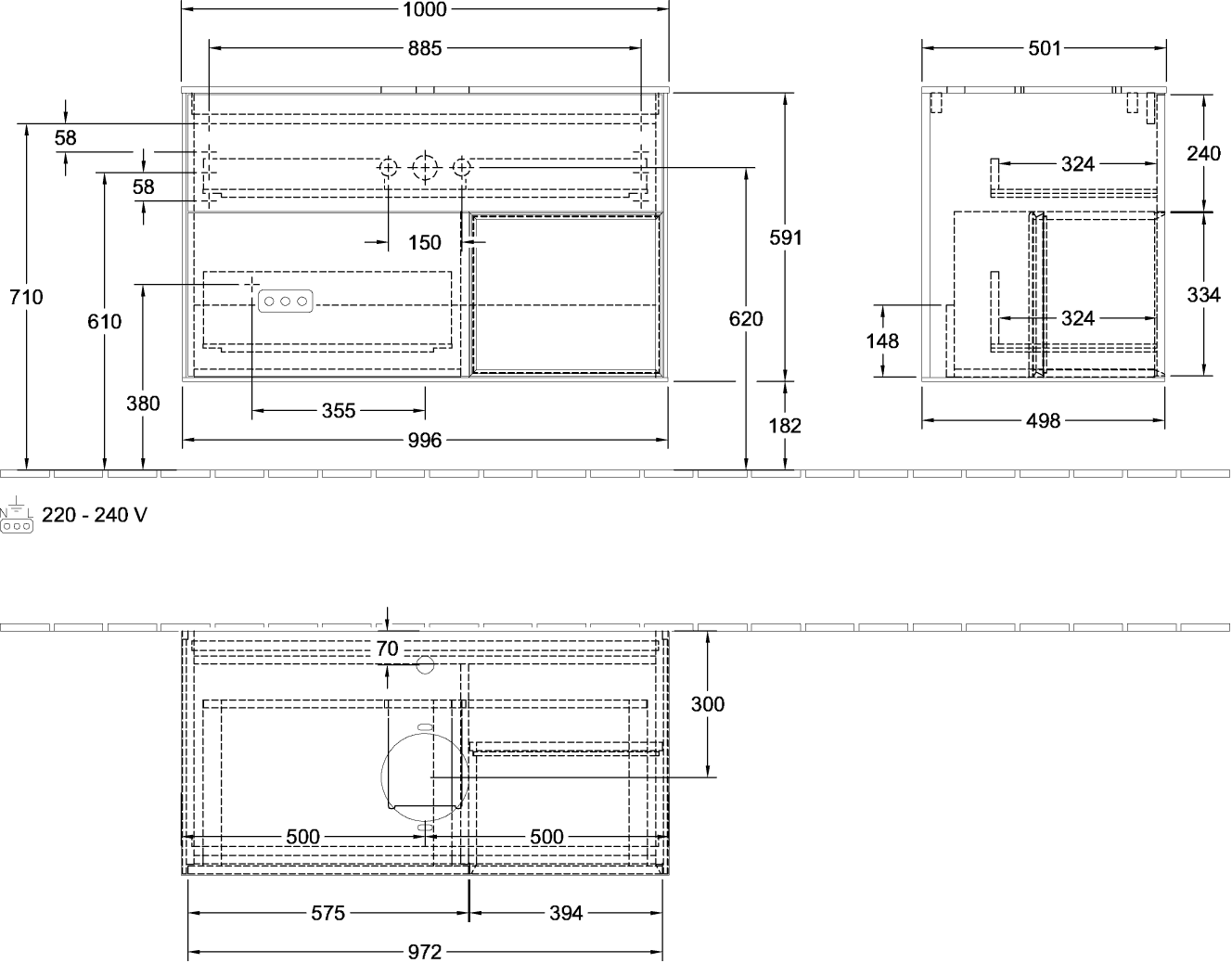 V&B Waschtisch-Unterschrank Wandbeleuchtung Finion 100cm, Abdeckplatte black matt, Regal Olive matt lacquer, Black matt lacquer