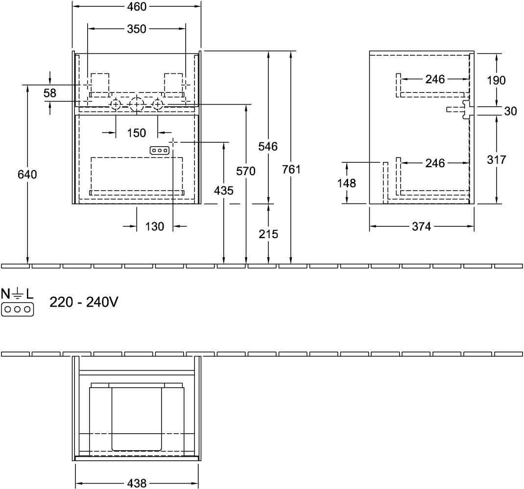V&B Waschtischunterschrank Collaro 46x54,6x37,4cm, Waschbecken mittig, LED-Beleuchtung, soft grey