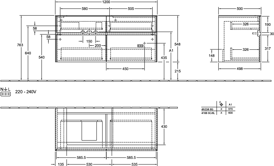 V&B Waschtischunterschrank Collaro 120x54,8x50cm, Waschtisch links, black matt laquer