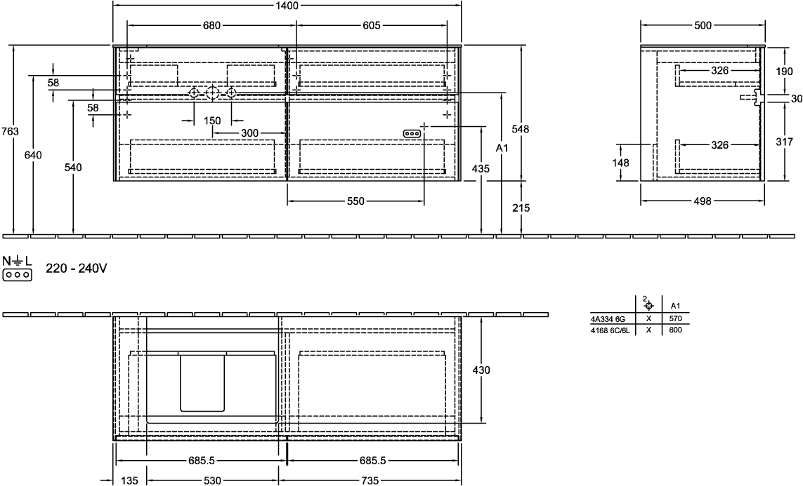 V&B Waschtischunterschrank Collaro 140x54,8x50cm, Waschtisch links, white wood