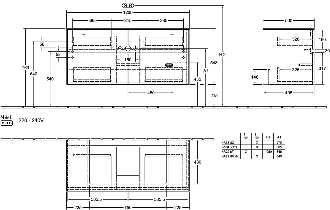 V&B Waschtischunterschrank Collaro 120x54,8x50cm, Waschtisch mittig, LED-Beleuchtung 8,8 W, soft grey