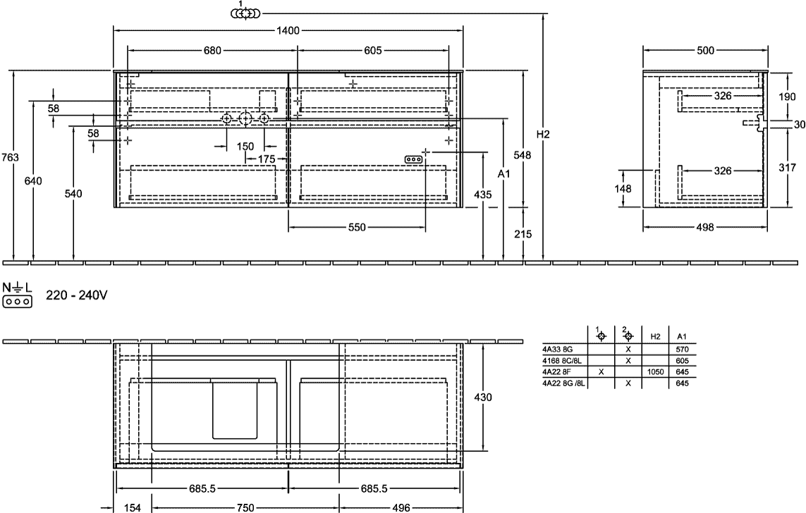 V&B Waschtischunterschrank Collaro 140x54,8x50cm, Waschtisch links, white wood