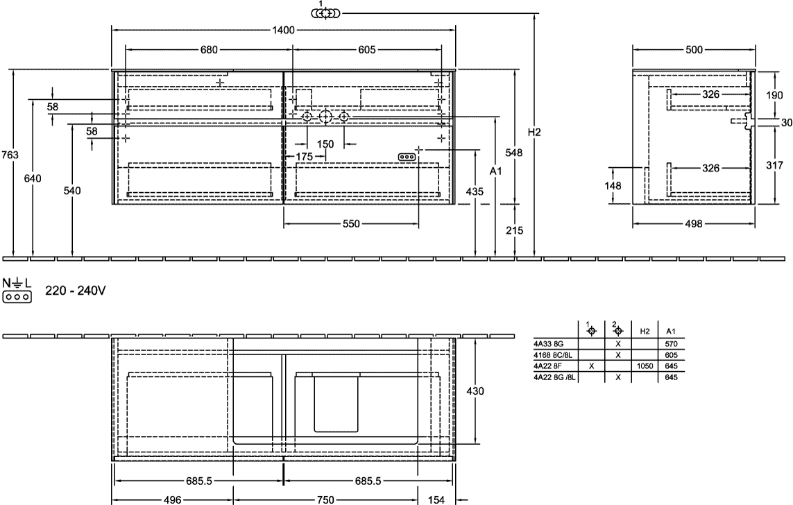 V&B Waschtischunterschrank Collaro 140x54,8x50cm, Waschtisch rechts, mit LED-Beleuchtung, black matt laquer
