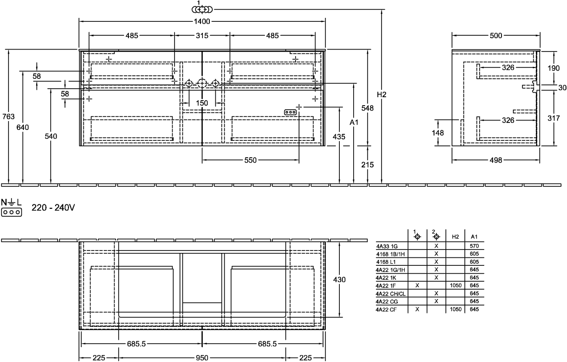V&B Waschtischunterschrank Collaro 140x54,8x50cm, Waschtisch mittig, black matt laquer