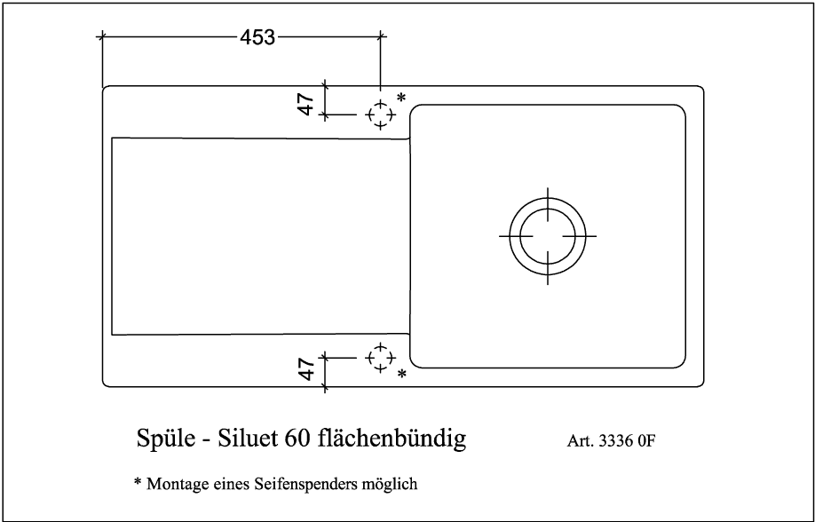 V&B Flächenbündige Spüle Siluet 60 Flat mit Ablaufgarnitur, Excenterbetätigung, graphit CeramicPlus