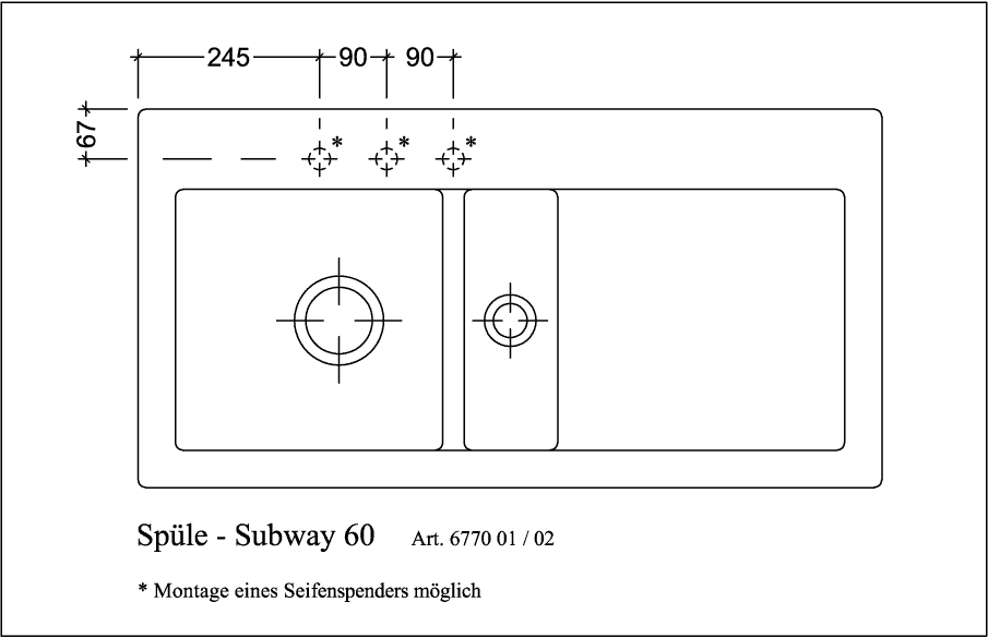 V&B Spüle Subway 60 links, mit Ablaufgarnitur, Handbetätigung, chromite CeramicPlus