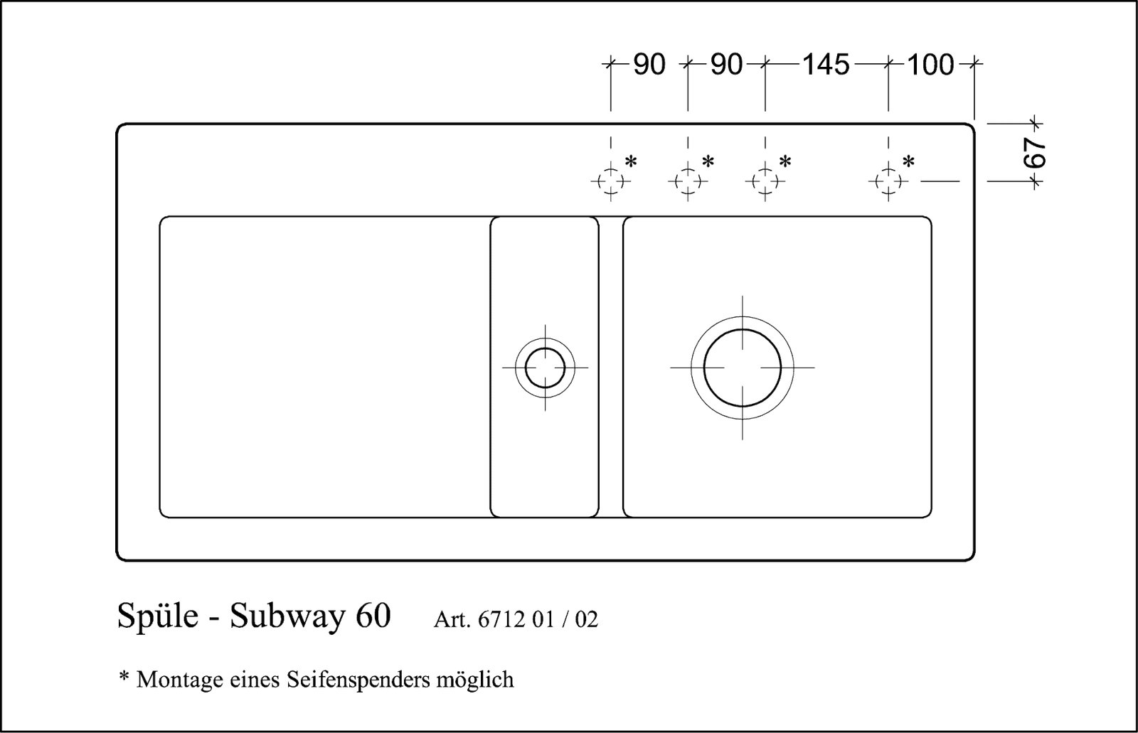 V&B Spüle Subway 60 rechts, mit Ablaufgarnitur, Handbetätigung, timber CeramicPlus