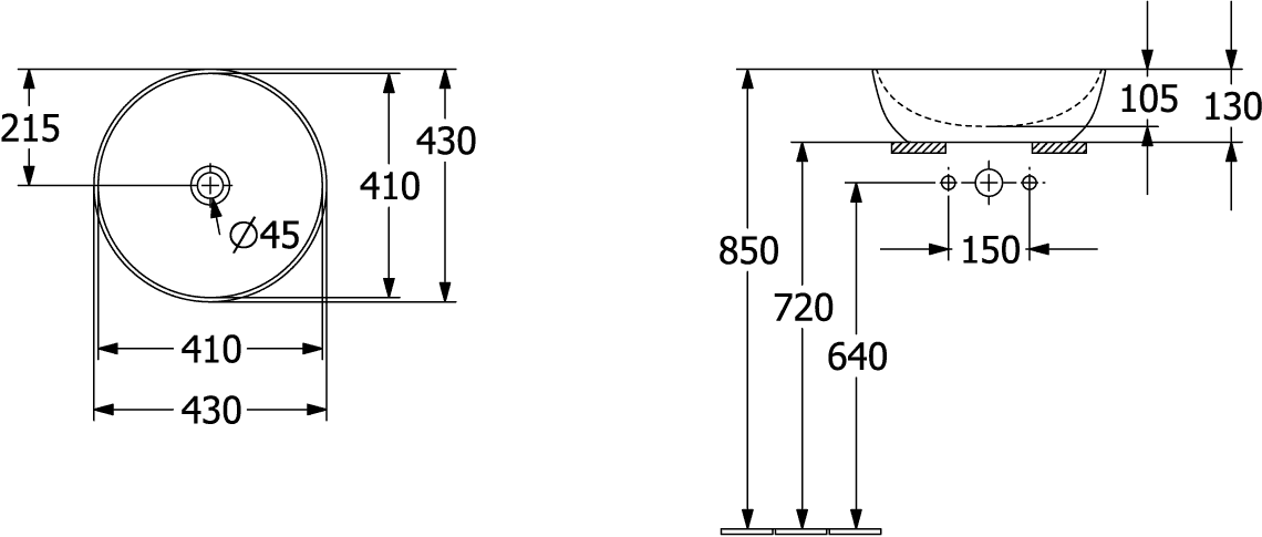 V&B Aufsatzwaschtisch Artis d= 43cm, rund, ohne Hahnloch, ohne Überlauf, Indian Summer