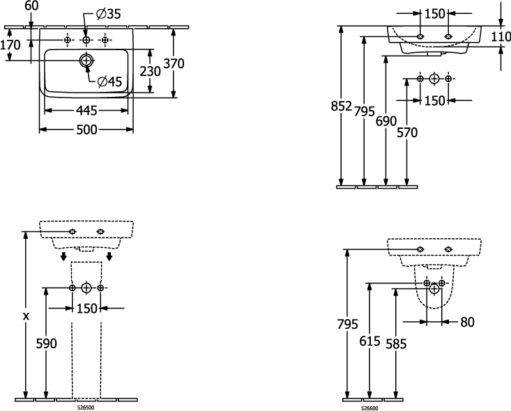 V&B Handwaschbecken O.Novo 50x37cm, eckig, mit Hahnloch, mit Überlauf, weiß AntiBac C-plus
