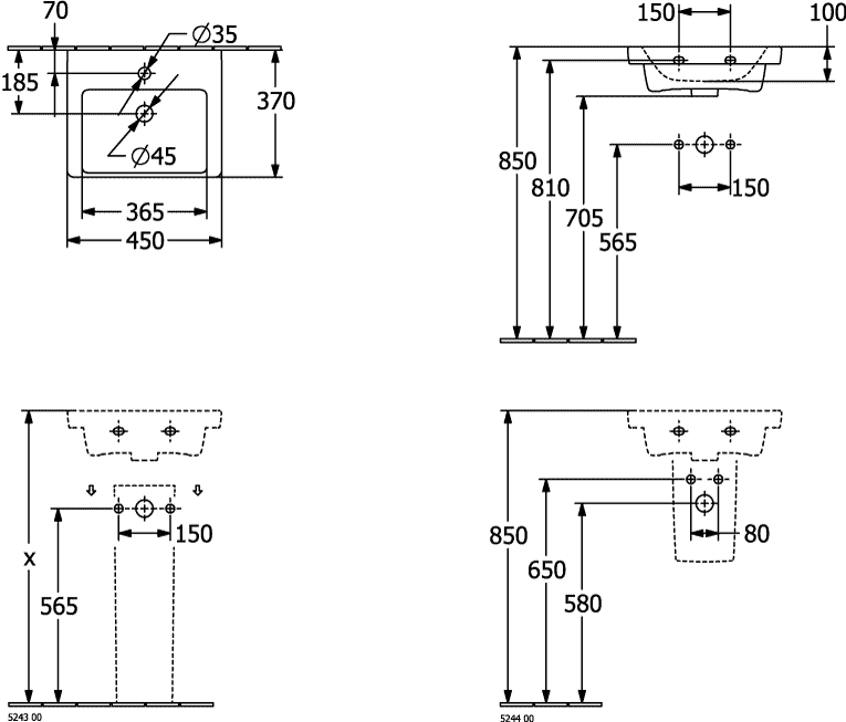 V&B Handwaschbecken Subway 3.0 45x37cm, eckig, mit Hahnloch/mit Überlauf, stone white C-plus