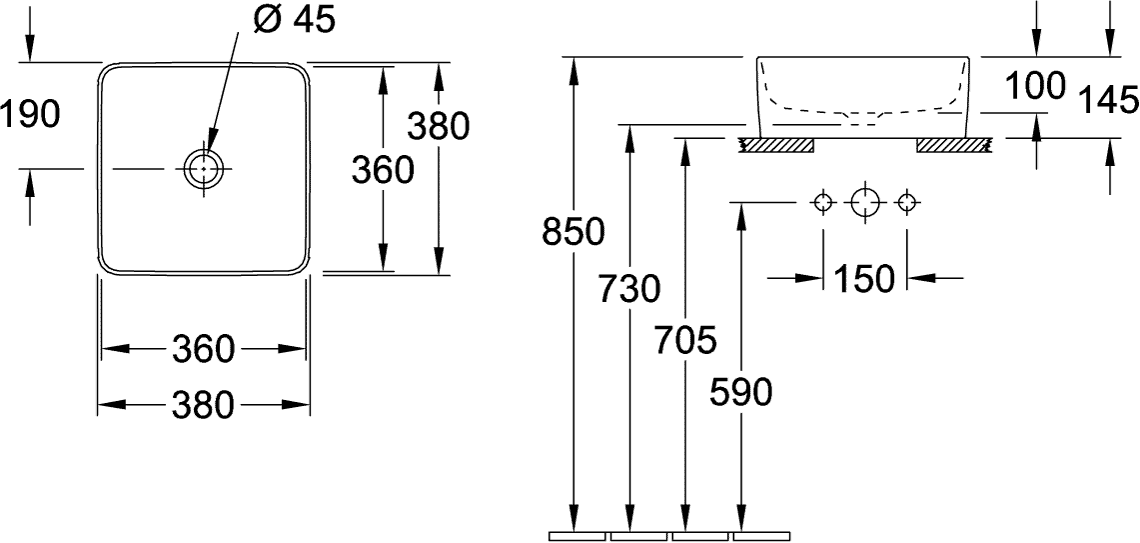 V&B Aufsatzwaschtisch Collaro 38 x 38 cm, ohne Überlauf, weiß C-plus