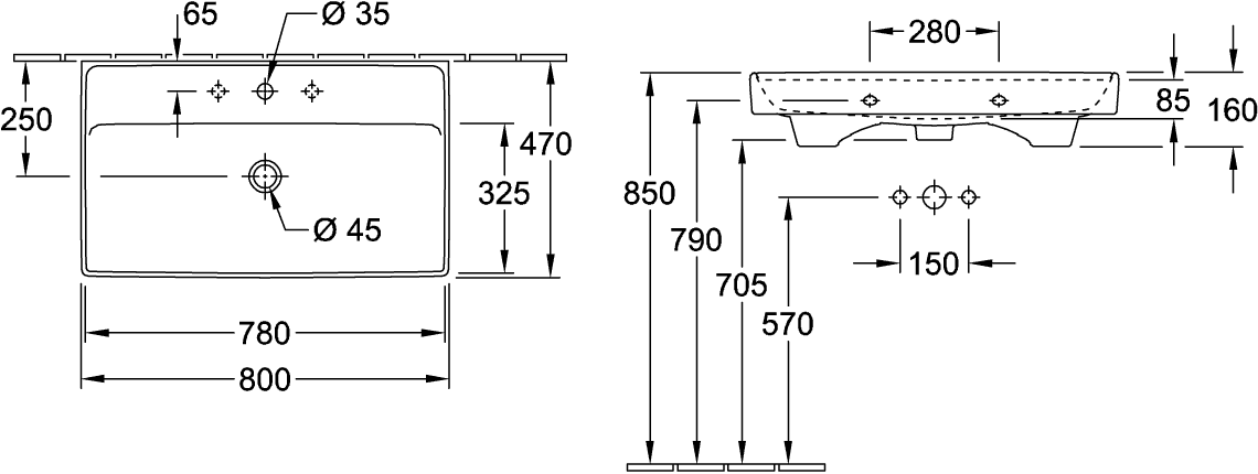 V&B Schrankwaschtisch Collaro 80 x 47 cm, mit Überlauf, stone white C-plus