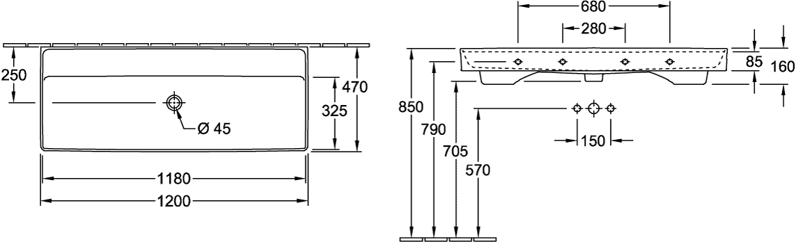 V&B Schrankwaschtisch Collaro 120 x 47 cm, ohne Überlauf, ohne Hahnloch, stone white C-plus