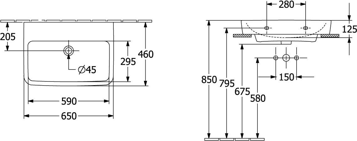 V&B Einbau-/Aufsatz-Waschtisch O.Novo 65x46cm, eckig, ohne Überlauf, weiß AntiBac C-Plus