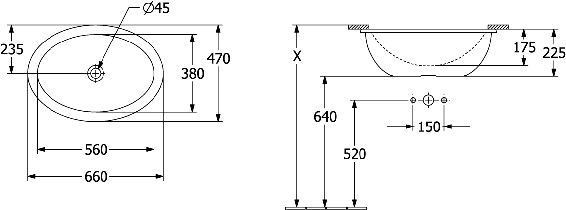 V&B Unterbauwaschbecken Loop & Friends oval, ohne Hahnlochbank, mit Überlauf, 57 x 38 cm, weiß C-plus