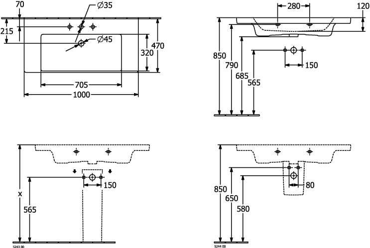 V&B Schrank-Waschtisch Subway 3.0 100x47cm, eckig, ohne Hahnloch/ohne Überlauf, weiß C-plus