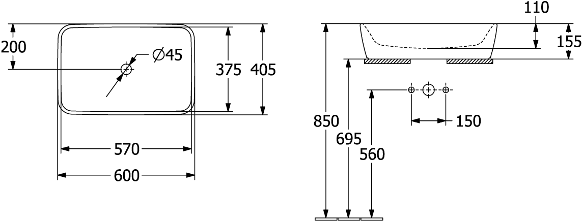 V&B Aufsatzwaschbecken Architectura 60x40cm, eckig, mit Überlauf, weiß