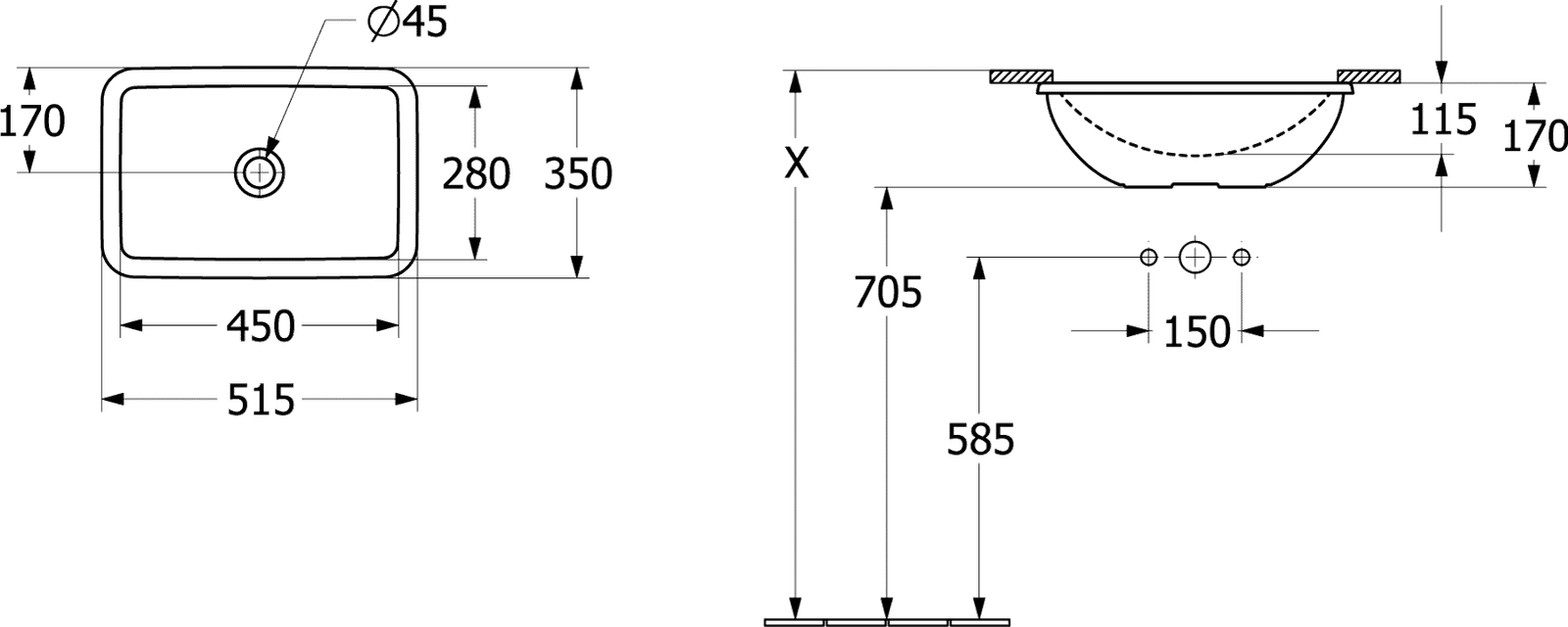 V&B Unterbauwaschbecken Loop & Friends ohne Hahnlochbank, mit Überlauf, 51 x 34 cm, stone white C-plus