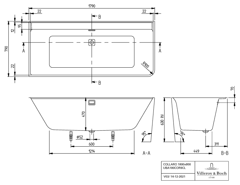 V&B Rechteck-Badewanne VP Collaro 179x79x47cm, Vorwand, Acryl, links, weiß