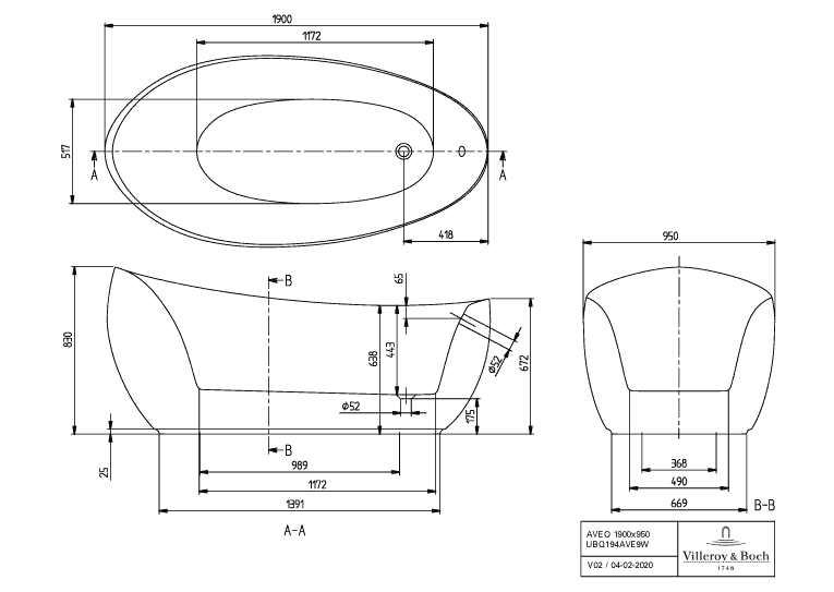 V&B Sonderform-Badewanne Aveo New Generation 190x95cm, speziell, freistehend, mit Ablaufgarnitur, stone white