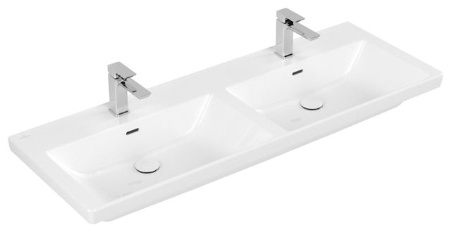 V&B Schrank-Doppelwaschtisch Subway 3.0 130x47cm, eckig, mit je 1 Hahnloch/mit Überlauf, weiß C-plus