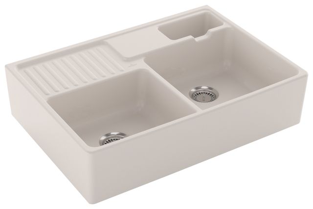 V&B Spülstein-Doppelbecken Resteschale, mit Ablaufgarnitur, Handbetätigung, crema CeramicPlus