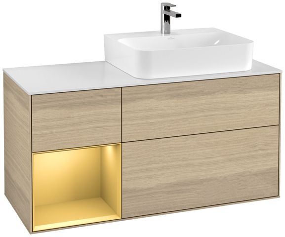 V&B Waschtisch-Unterschrank Abdeckplatte glass white Matt Finion 120cm, Regal links Gold matt, Oak Veneer