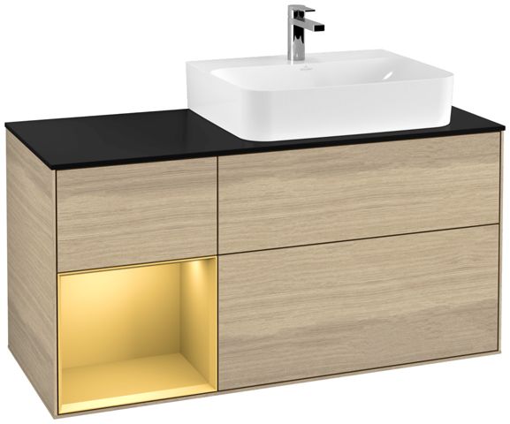 V&B Waschtisch-Unterschrank Abdeckplatte Glass Black Matt Finion 120cm, Regal links Gold matt, Oak Veneer