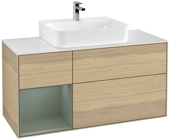 V&B Waschtisch-Unterschrank Finion 120cm, Abdeckplatte white matt, Regal links Olive Matt Lacquer, Oak Veneer