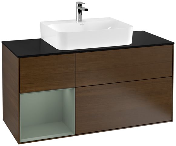 V&B Waschtisch-Unterschrank Finion 120cm, Abdeckplatte black matt, Regal links Olive Matt Lacquer, Walnut veneer