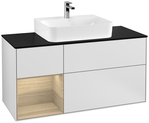 V&B Waschtisch-Unterschrank Finion 120cm, Abdeckplatte black matt, Regal links Oak Veneer, White matt lacquer