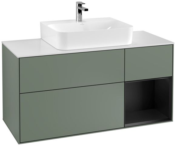 V&B Waschtisch-Unterschrank Finion 120cm, Abdeckplatte white matt, Regal rechts Black matt lacquer, Olive Matt Lacquer