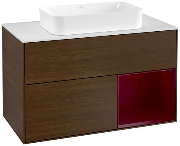 V&B Waschtisch-Unterschrank Abdeckplatte white matt Finion 100x60,3cm, Regal rechts Peony, Walnut veneer